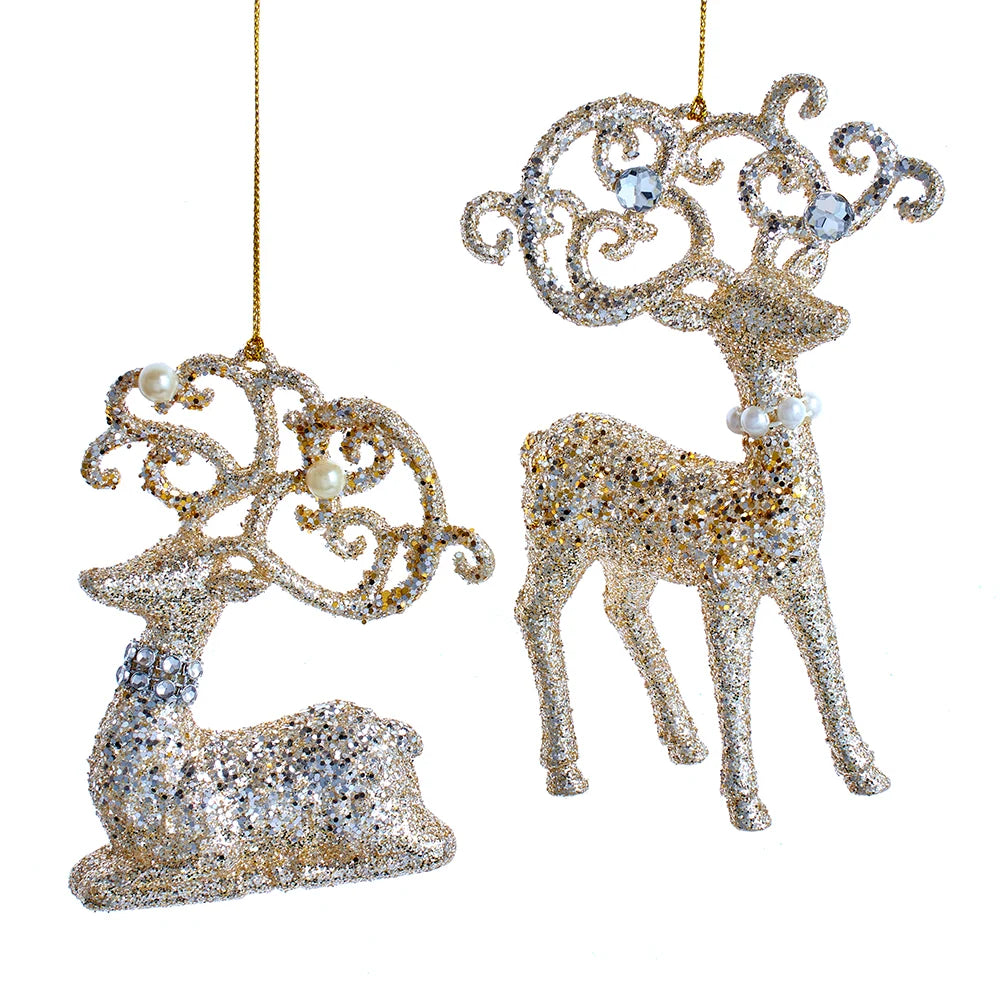 Kurt Adler Platinum Pearl & Gem Reindeer Ornament  | Putti Christmas Decorations 