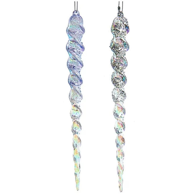 Iridescent Lavender Blue, Clear and Silver Icicle Ornaments