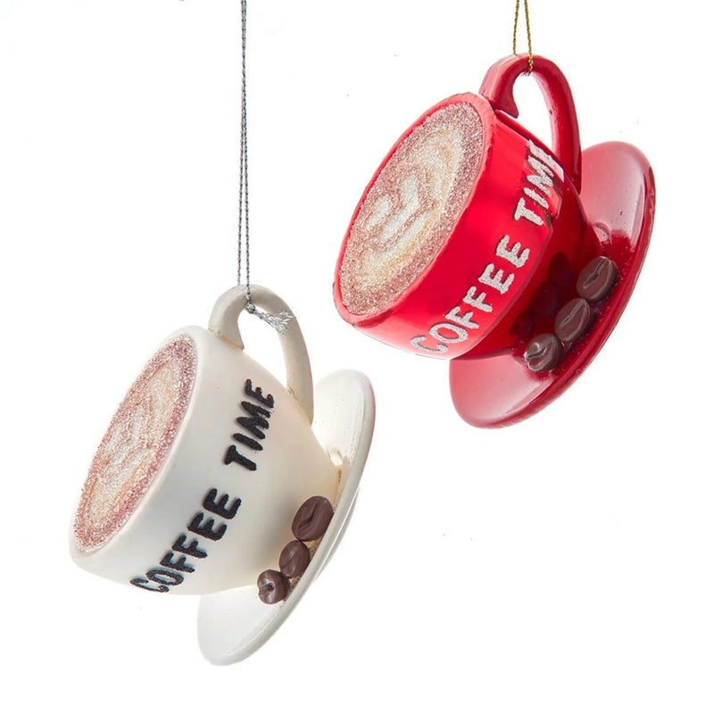 GRed & White "Coffee Time" Coffee Cup Glass Ornaments | Putti Christmas 