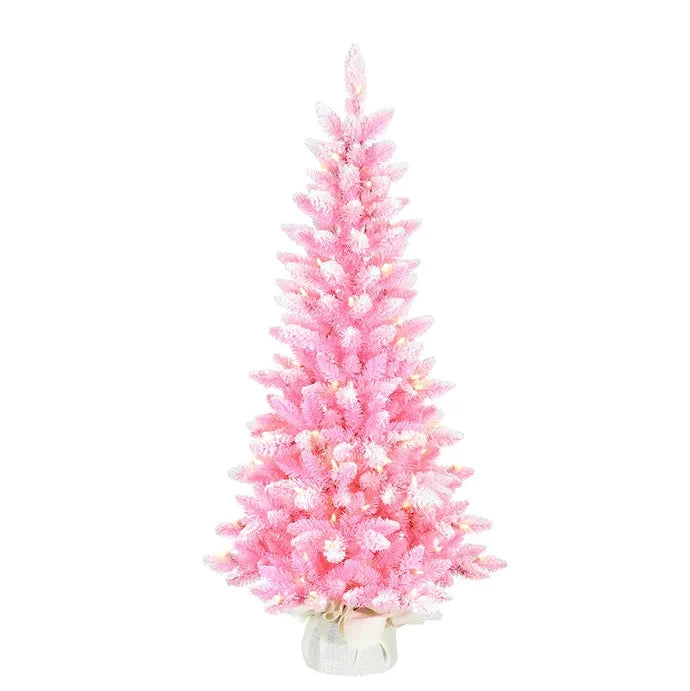 Pre-Lit  Flocked Pink LED Potted Christmas Tree 4'