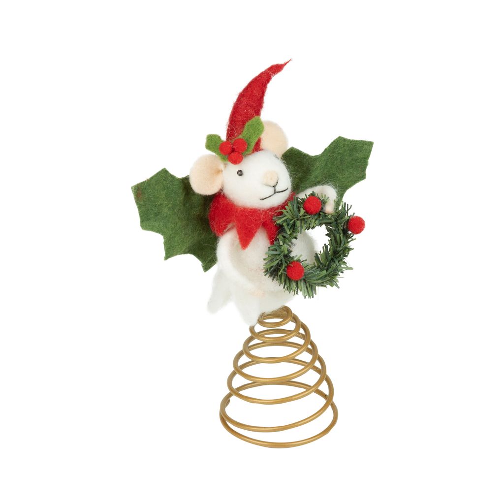 Felt Mouse with Holly Wings Tree Topper
