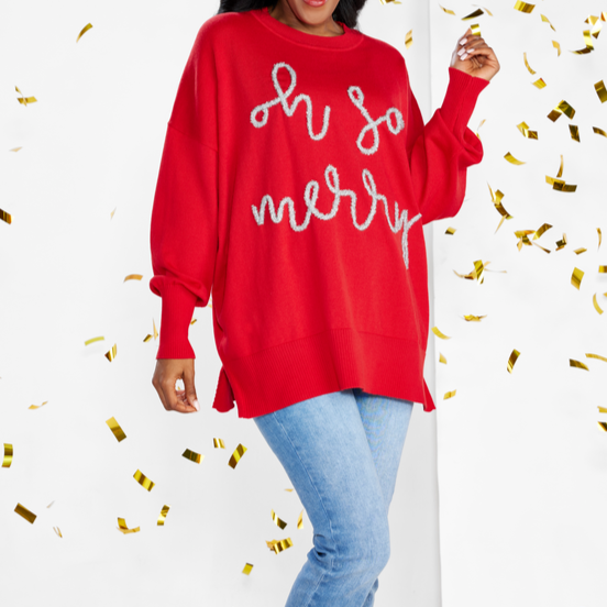 "Oh So Merry" Red Holiday Sparkle Sweater | Putti Christmas 
