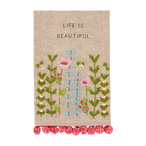 "Life is Beautiful" Pom Pom Hand Towel