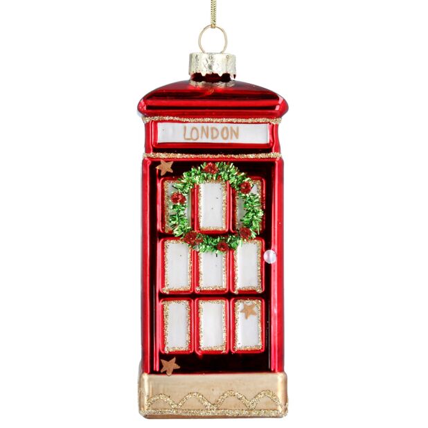 British Phone Booth with Wreath Glass Ornament