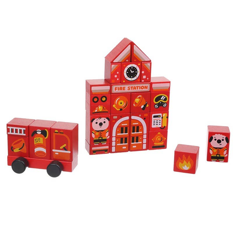 Wooden Building Blocks Playset Fire Station - 34 pieces | Le Petite Putti 