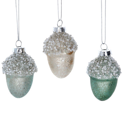 Sage Green Beaded Acorn Glass Ornament | Putti Christmas