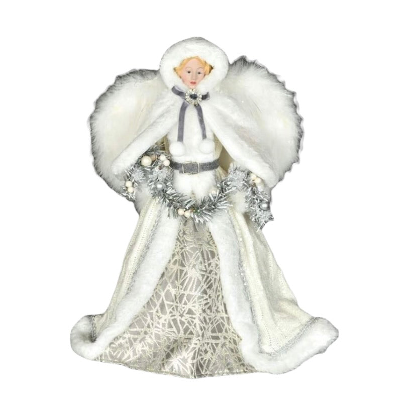 Silver and White with Tinsel Garland Angel Tree Topper | Putti Christmas Decorations 