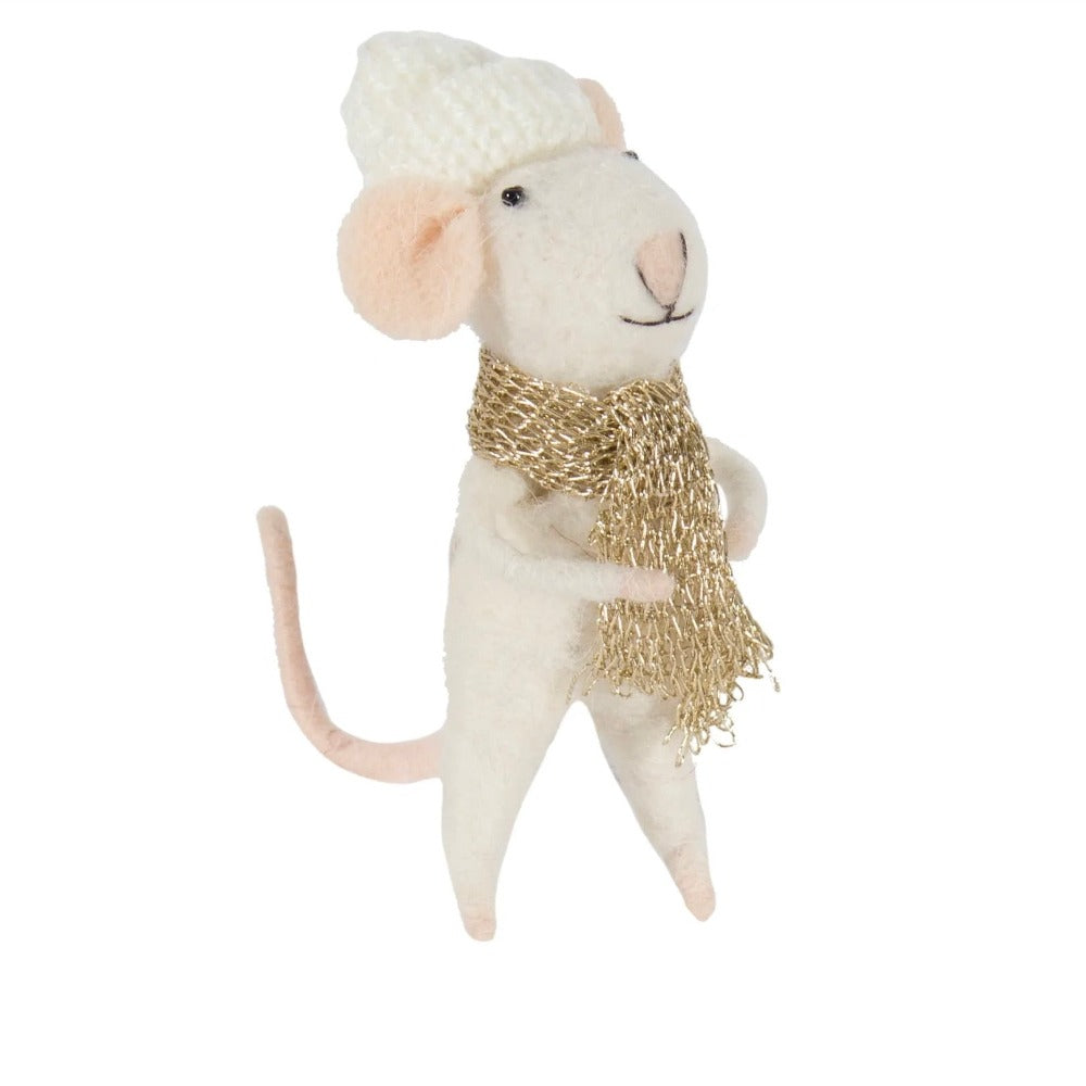 "Posh Josh" with Gold Scarf Felt Mouse Ornament | Putti Christmas Canada 