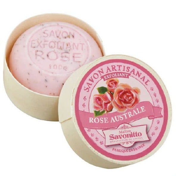 Maitre Savonitto - Rose Exfoliating Round Soap in Wood Box