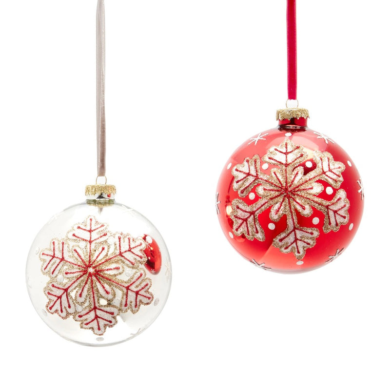 Clear with Red Snowflake Glass Christmas Ball Ornament | Putti Christmas 