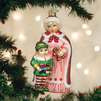 Old Word Christmas Mrs Claus with Elf Glass Ornament | Putti Christmas