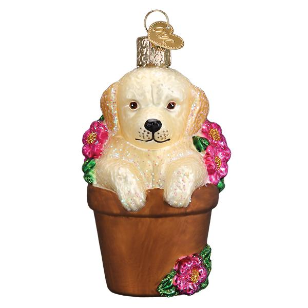 Old World Christmas Puppy in Flower Pot Glass Ornament | Putti 