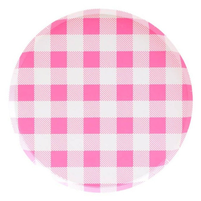 Neon Pink Low Rim Gingham Pattern Plates - Large