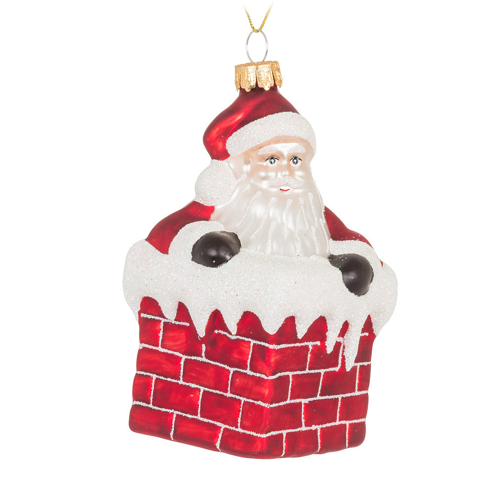 Santa in Chimney Glass Ornament