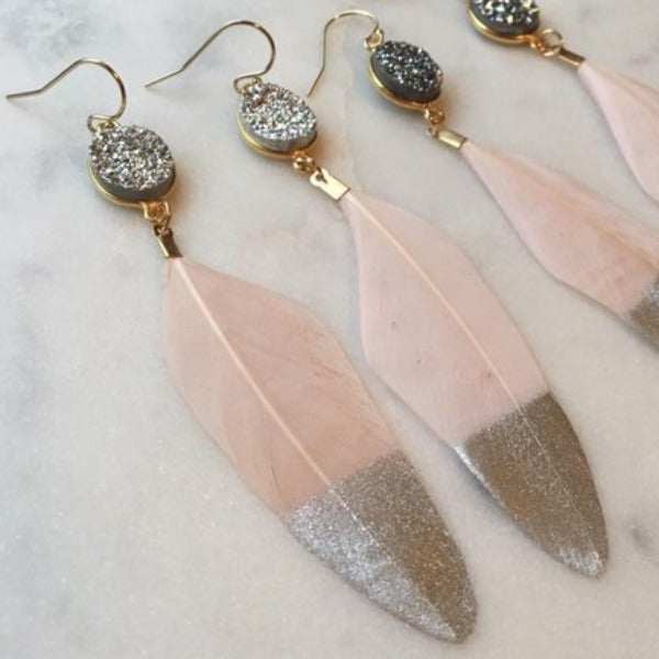Silver Dipped Pink Feather Earrings