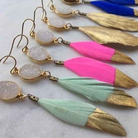 Druzy Gold Dipped Mint Feather Earrings