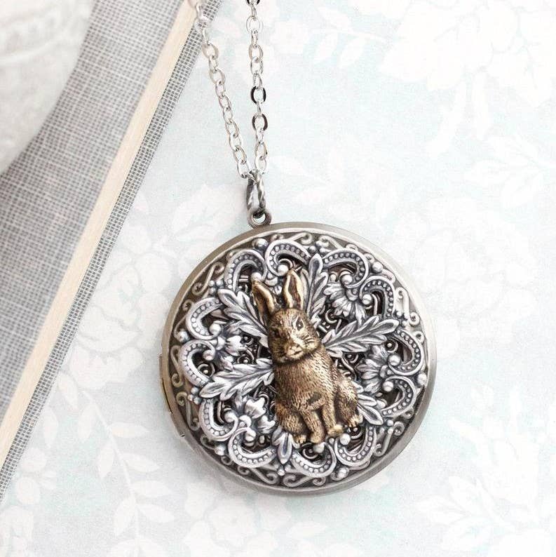 A Pocket of Posies - Rabbit Locket - Large Round Brass Locket Layering Necklace