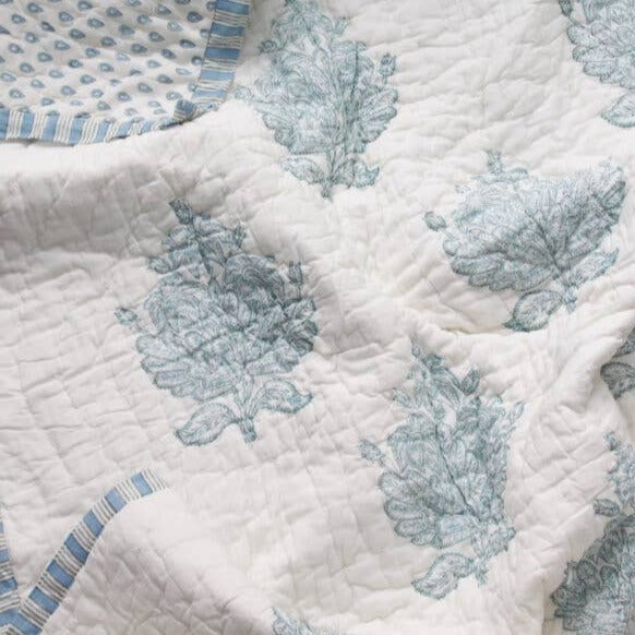 Hand Block Printed Tree of Life Mineral Green Quilt | Putti Fine Furnishings 
