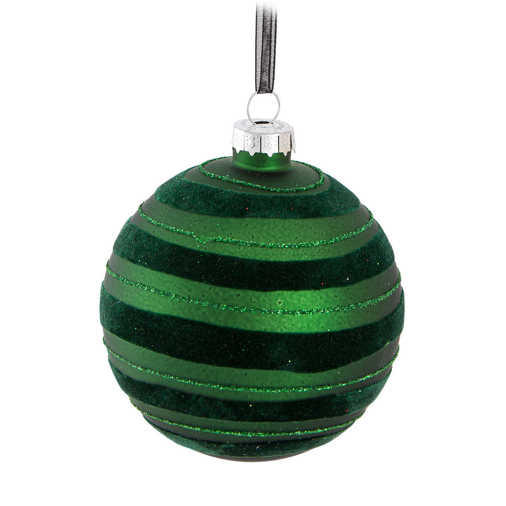Green Flock Stripe Glass Ball Ornament | Putti Christmas Celebrations 