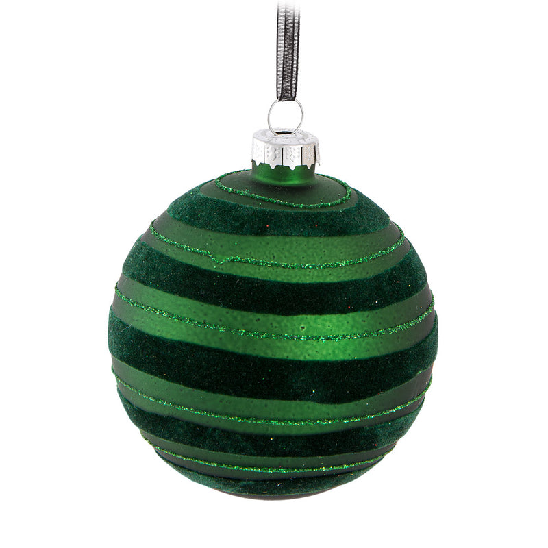 Green Flock Stripe Glass Ball Ornament | Putti Christmas Celebrations 