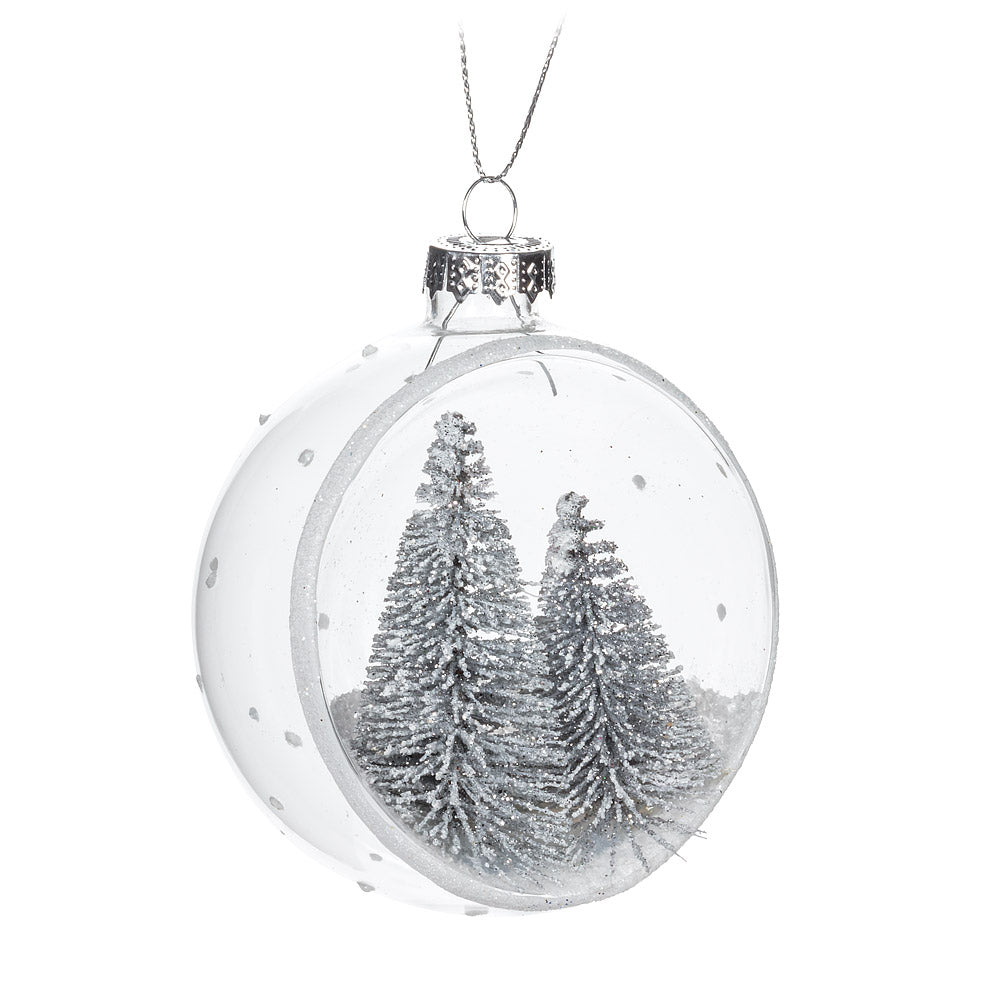 Cut Away Glass Ball Ornament with Silver Brush Trees | Putti Christmas 