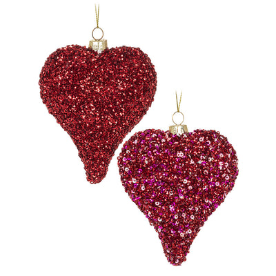 Red Glitter Drop Heart Glass Ornament  | Putti Christmas Decorations