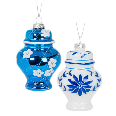 Blue with White Flowers Ginger Jar Glass Ornament | Putti Christmas Decorations