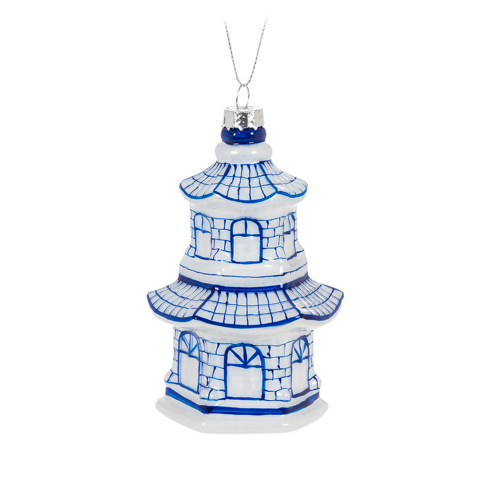 Blue and White Glass Pagoda Ornament | Putti Christmas Decorations 