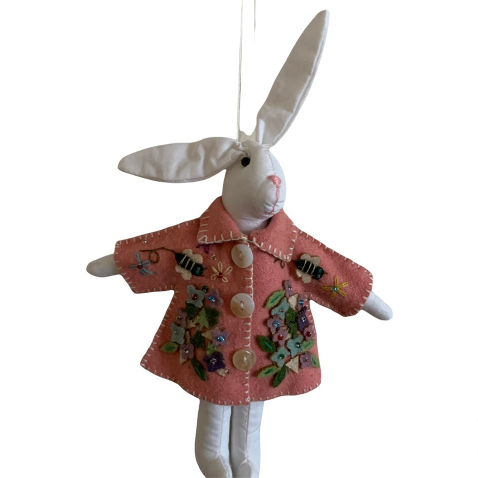 White Cotton Rabbit with Pink Felt Coat Ornament