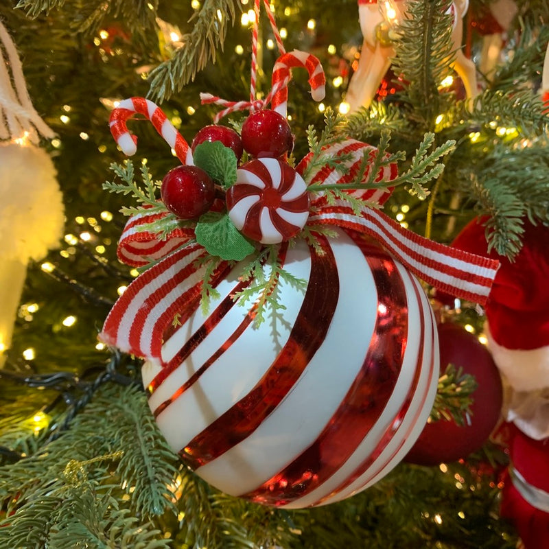 Peppermint Ball with Greenery Ornament