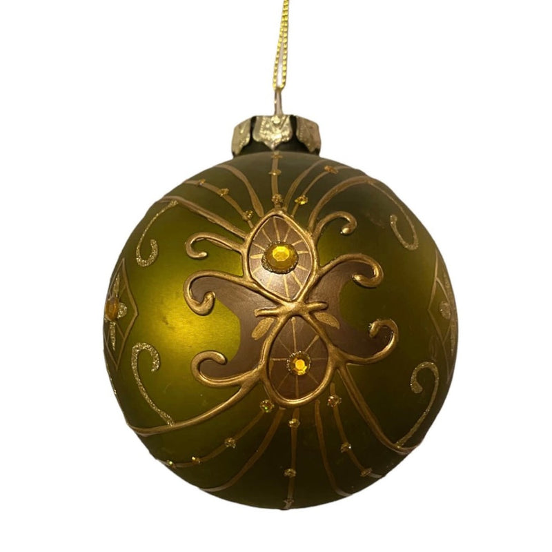 Matte Green with Fleur de Lis Glass Ball Ornament | Putti Christmas Canada