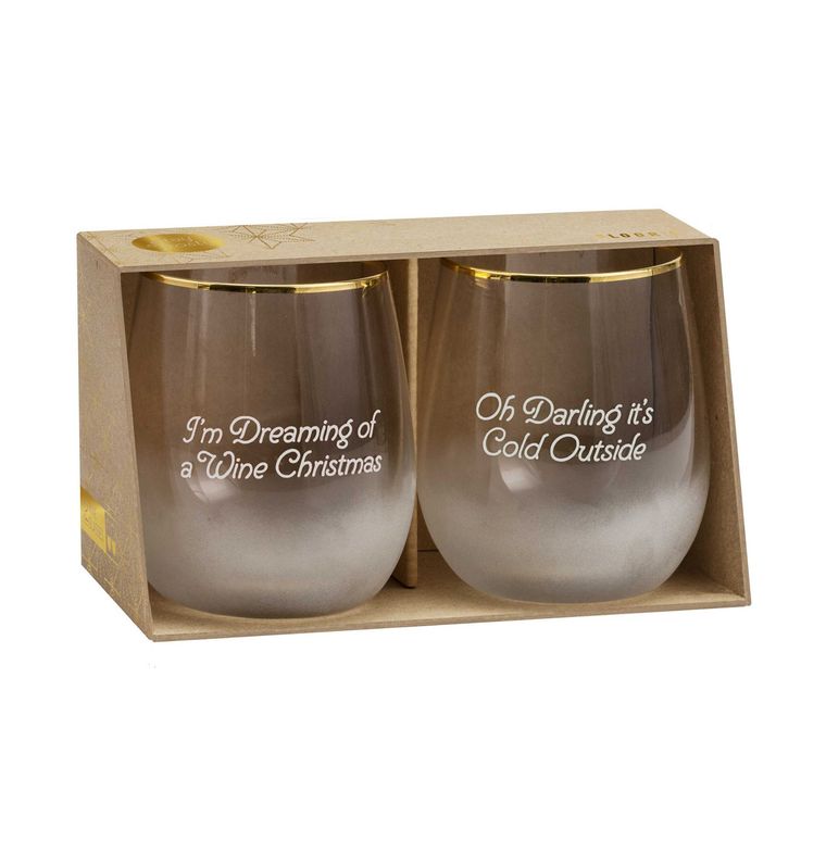 Floor 9 Christmas Stemless Wine Glasses Set With Gold Rim - Putti 