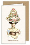 Victorian Woman Cake Hat "Happy Birthday" Greeting Card