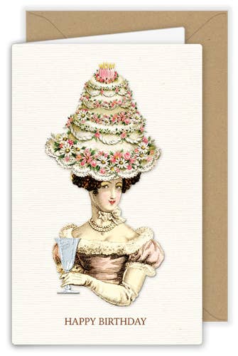 Victorian Woman Cake Hat "Happy Birthday" Greeting Card