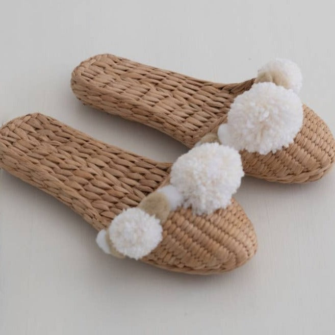 White Pom Pom Straw Slippers