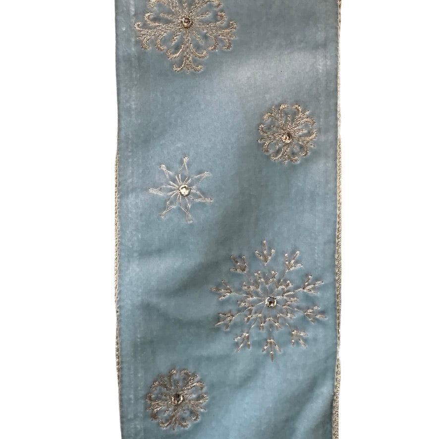 Pale Blue Velvet with Snowflakes Wired Ribbon
