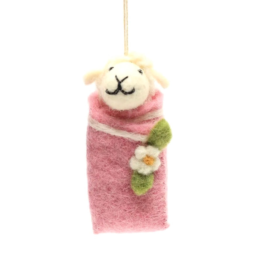 Swaddling Lamb Felt Ornament - Pink | Putti Fine Furnishings 