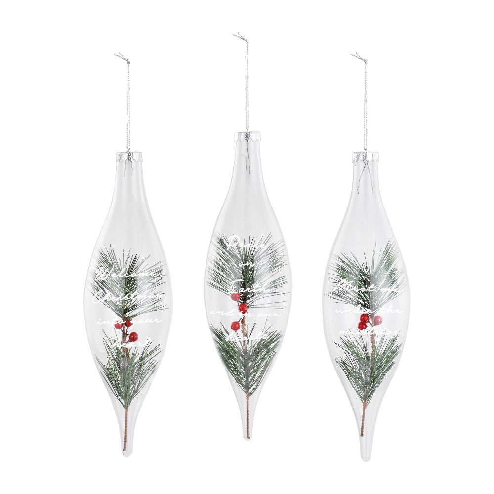 PIne with Berries Sentiment Double Point Glass Ornament | Putti 