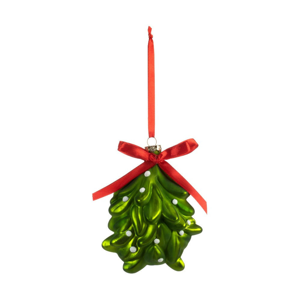 Mistletoe with Red Ribbon Glass Ornament