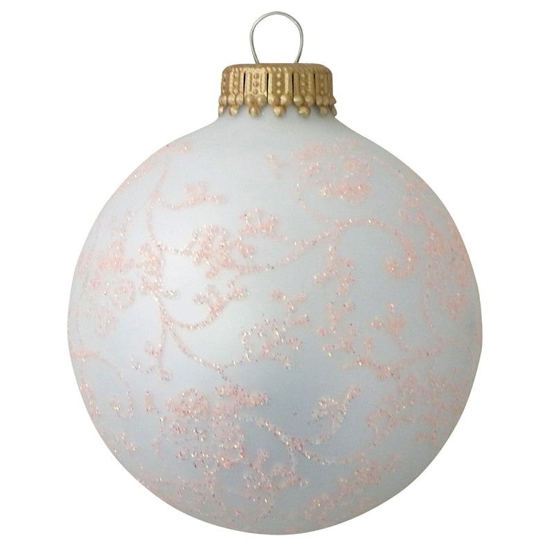 White with Coral Lace Glass Ball Ornaments - Set of 4