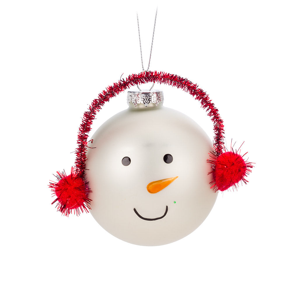 Snowman with Earmuffs Glass Ornament