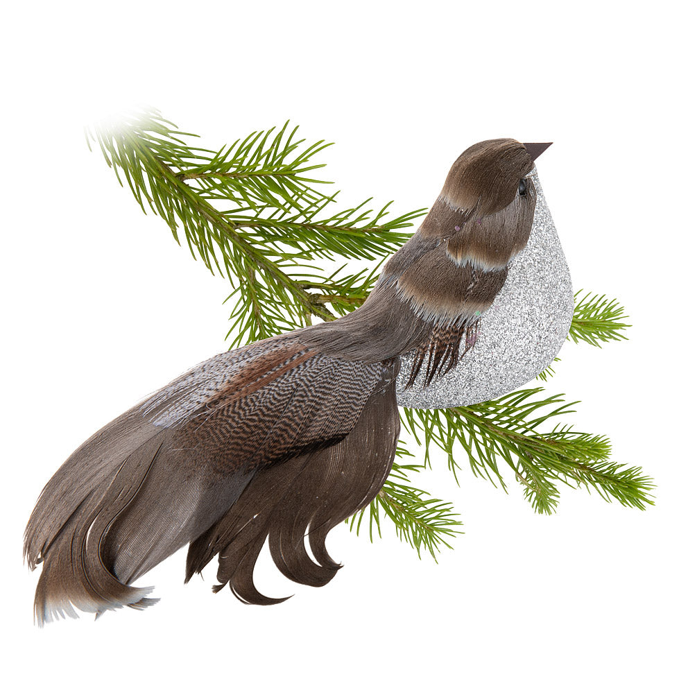 Natural and Silver Glitter Bird with Clip | Putti Christmas Celebrations Canada