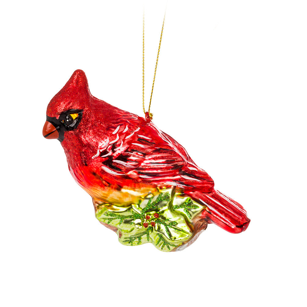 Cardinal on Holly Glass Ornament | Putti Christmas 