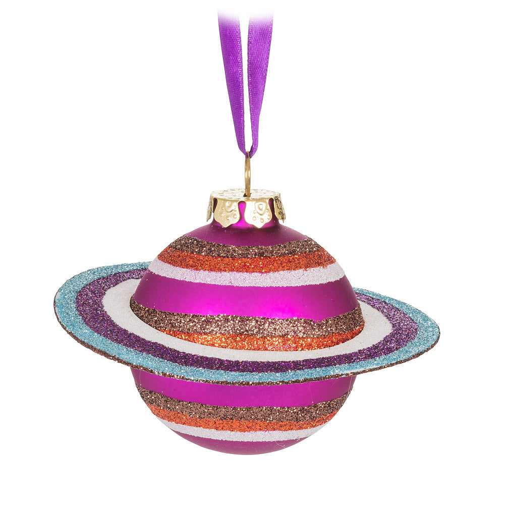 Purple Saturn Planet Glass Ornament