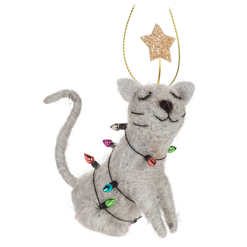 Sitting Cat with Lights Felted Ornament  | Putti Fine Furnishings Canada 