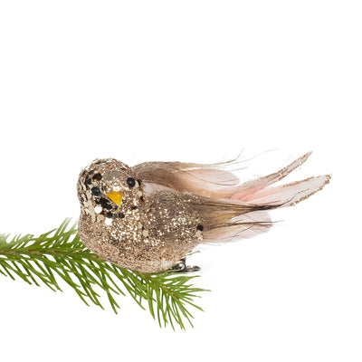 Pink and Gold Glittered Feather Bird Clip | Putti Christmas Celebrations