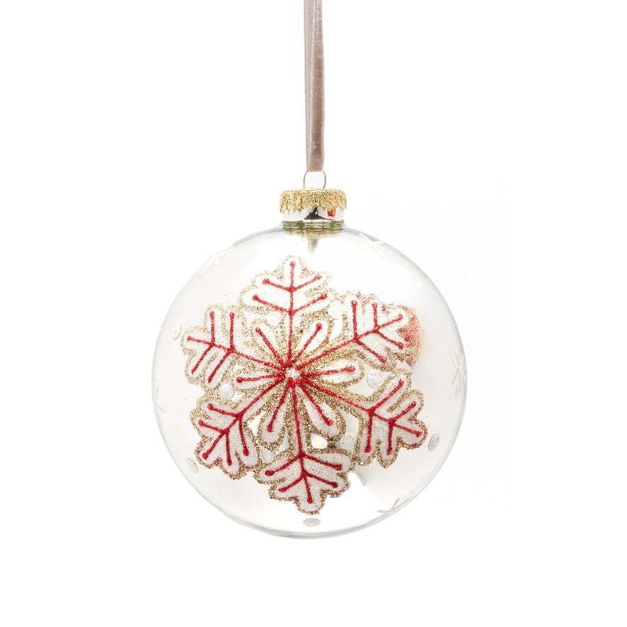 Clear with Red Snowflake Glass Christmas Ball Ornament | Putti Christmas 