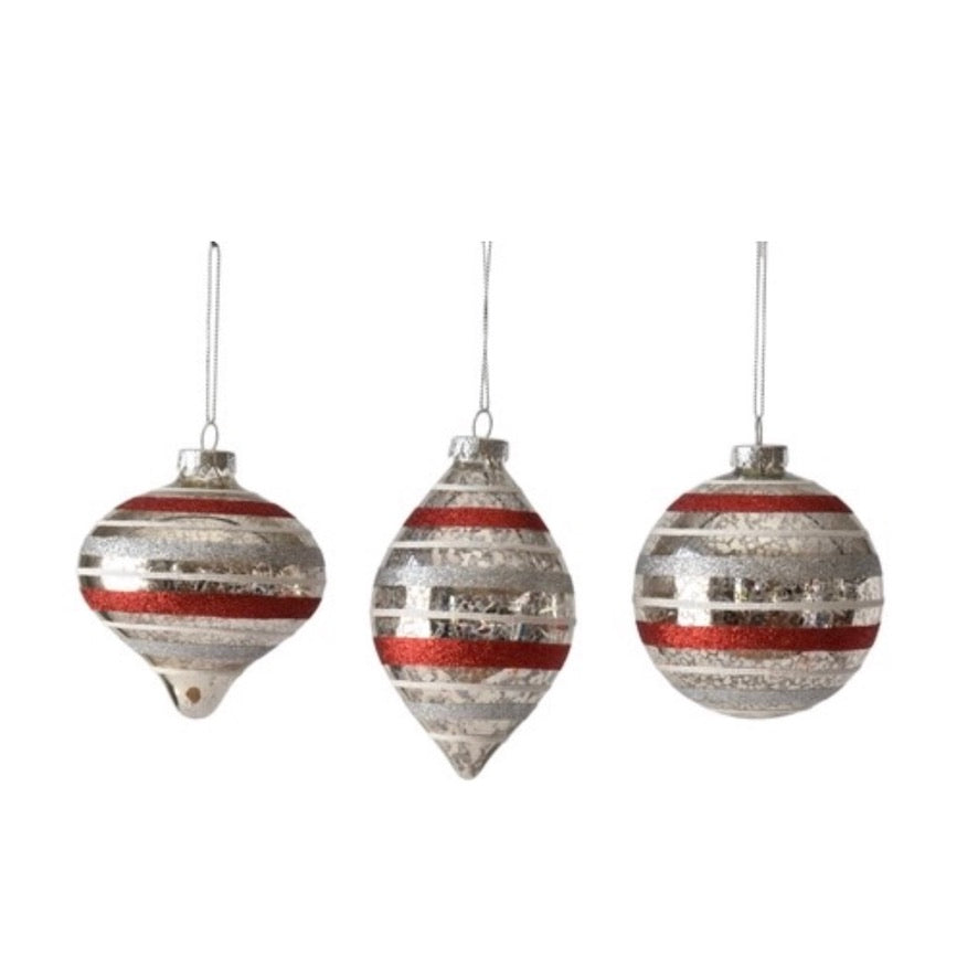 Retro Red and Silver Striped Glass Ornament | Putti Christmas Canada 
