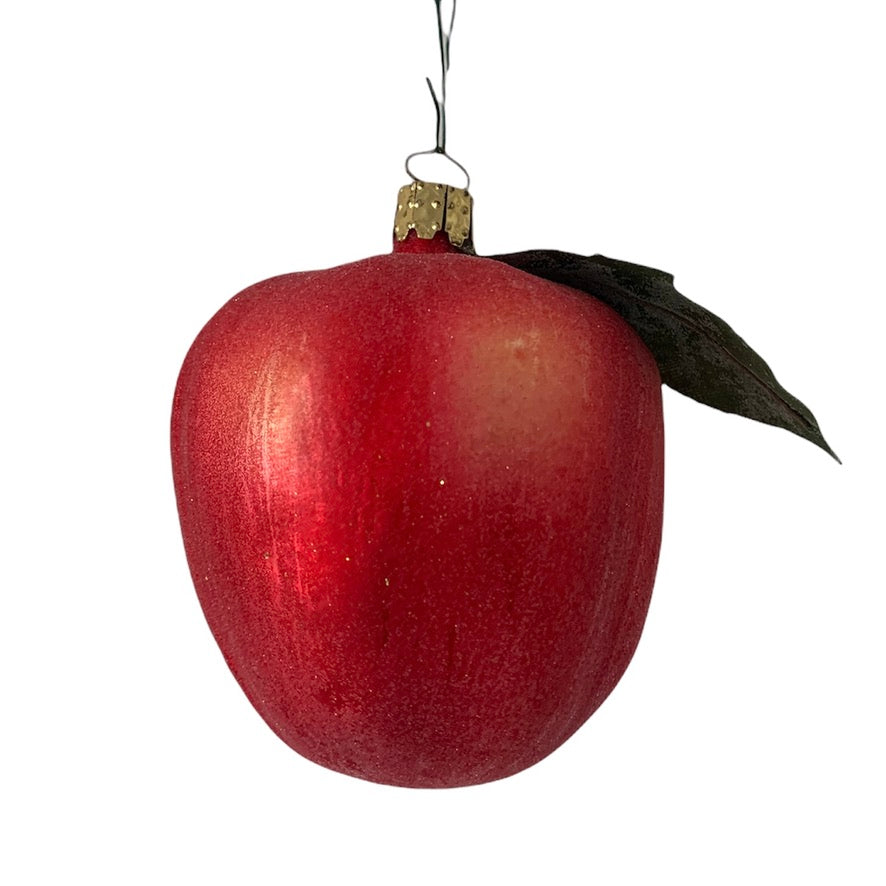 Sugared Red Apple with Leaf Glass Ornament