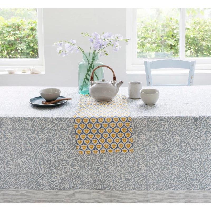 Hand Block Printed Floral Mineral Green Tablecloth - Extra Large
